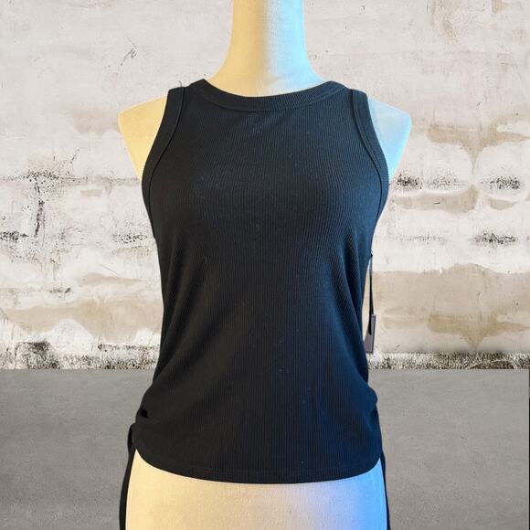 1. STATE NWT Tank Top Womens size Small Ribbed Knit Ruched Sides Black - Picture 2 of 6
